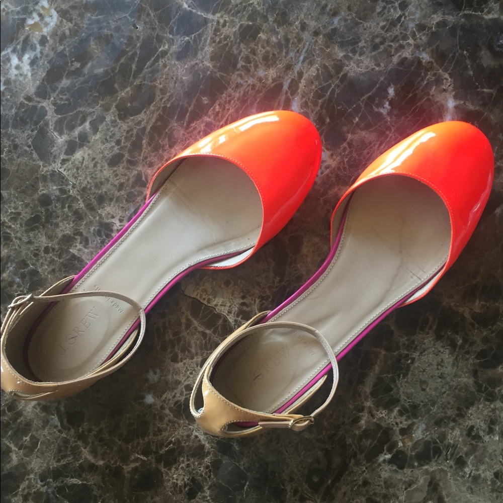 J. Crew neon orange/beige flats with ankle strap